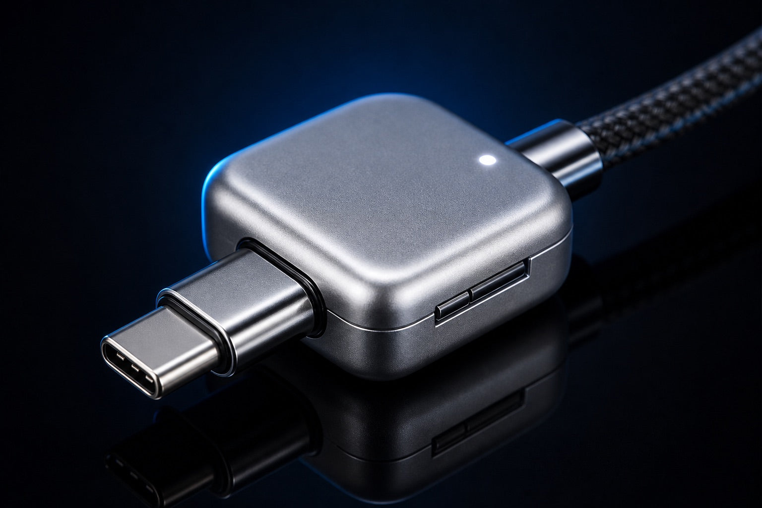 Zbliżenie na separator ładowania i końcówkę USB-C kabla VoltGuard